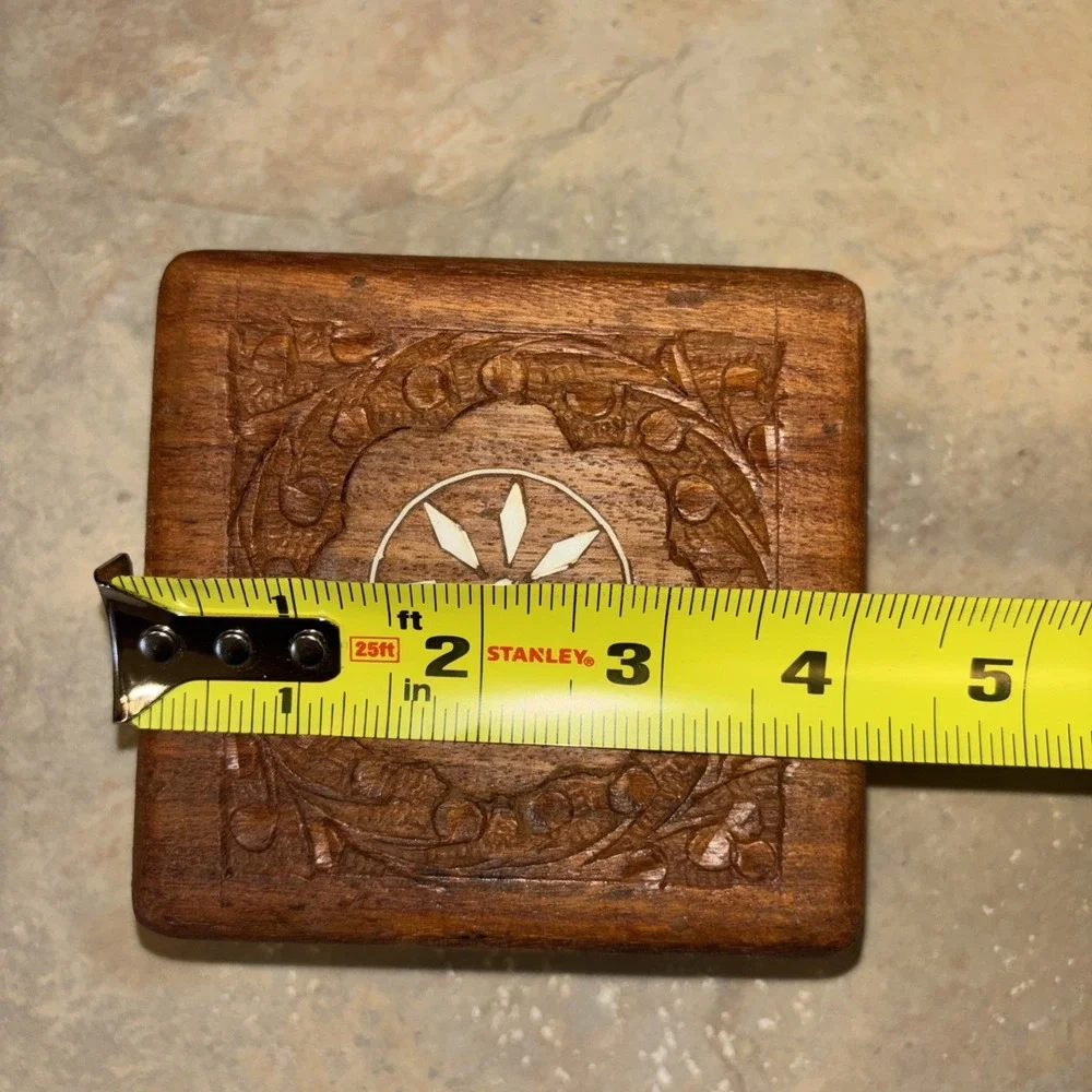 Vintage Ornate Carved Wood Jewelry Box Small Trinket Holder Hinged Lid Square
